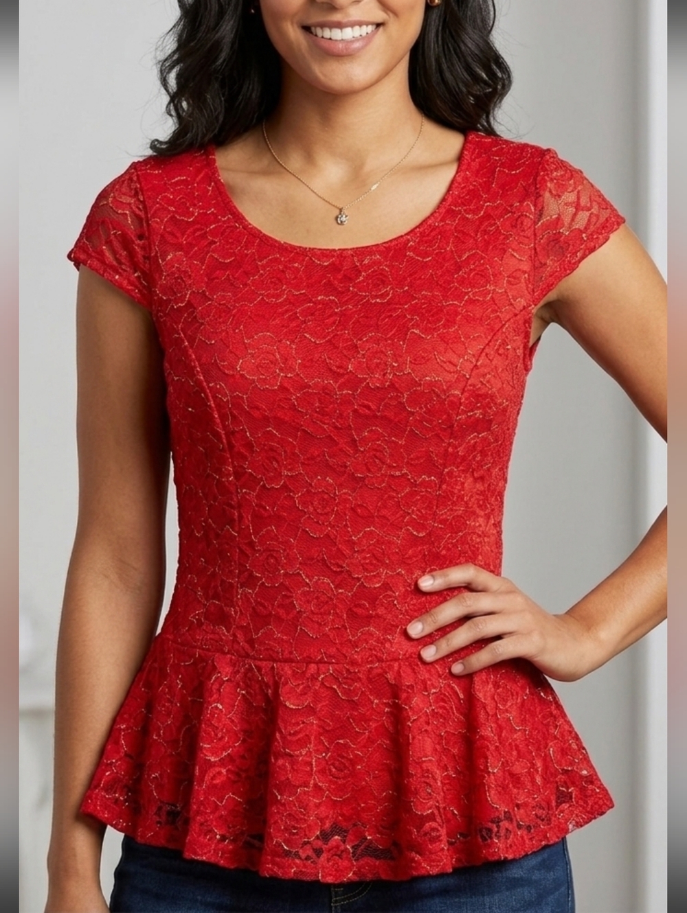 5/$25 Iz Byer red and gold lace Peplum Top M
